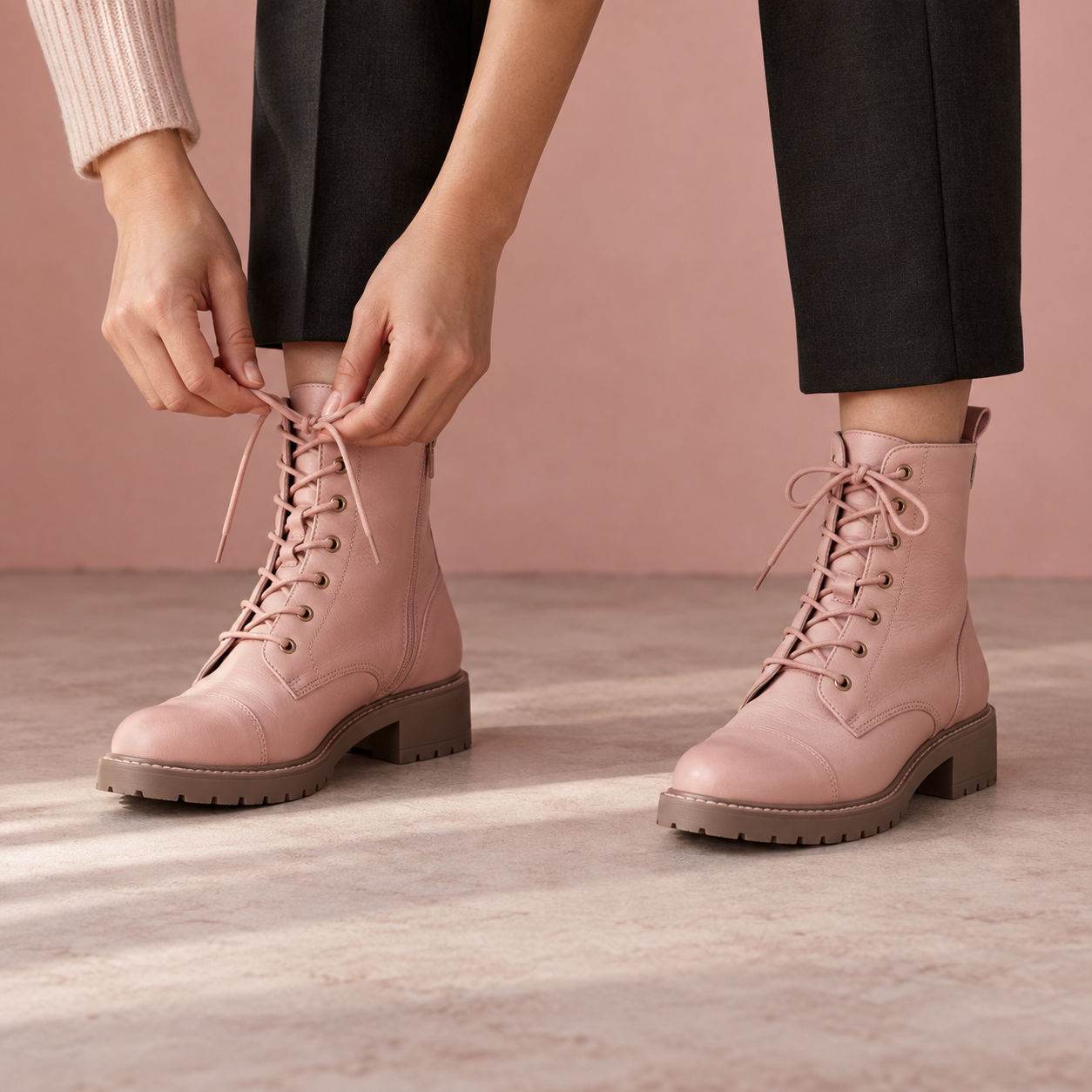Matte blush-pink boots, each laced separately, in natural daylight